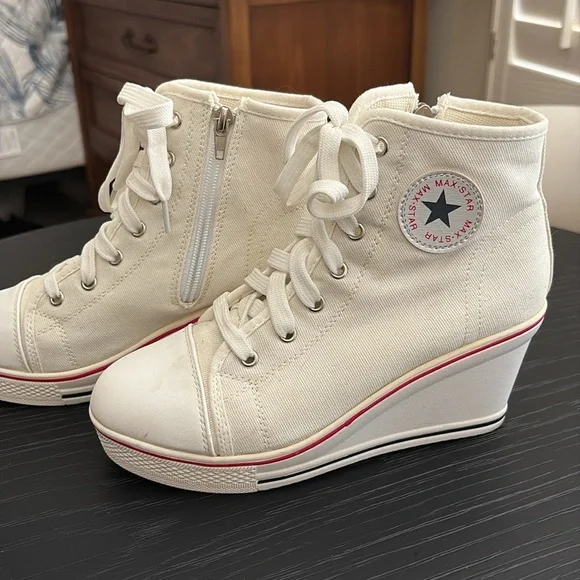 Platform Women's Wedge Lace-Up Sneakers Converse Inspired Sz 7.5 w side zippers - Picture 3 of 15